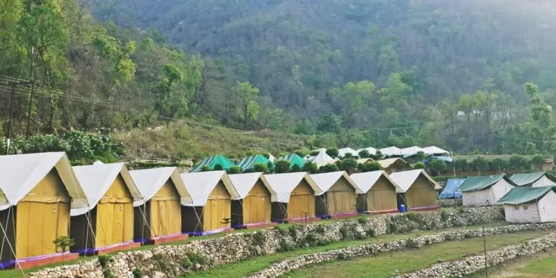 Riverside camping in Rishikesh with Swiss tents near the Ganges