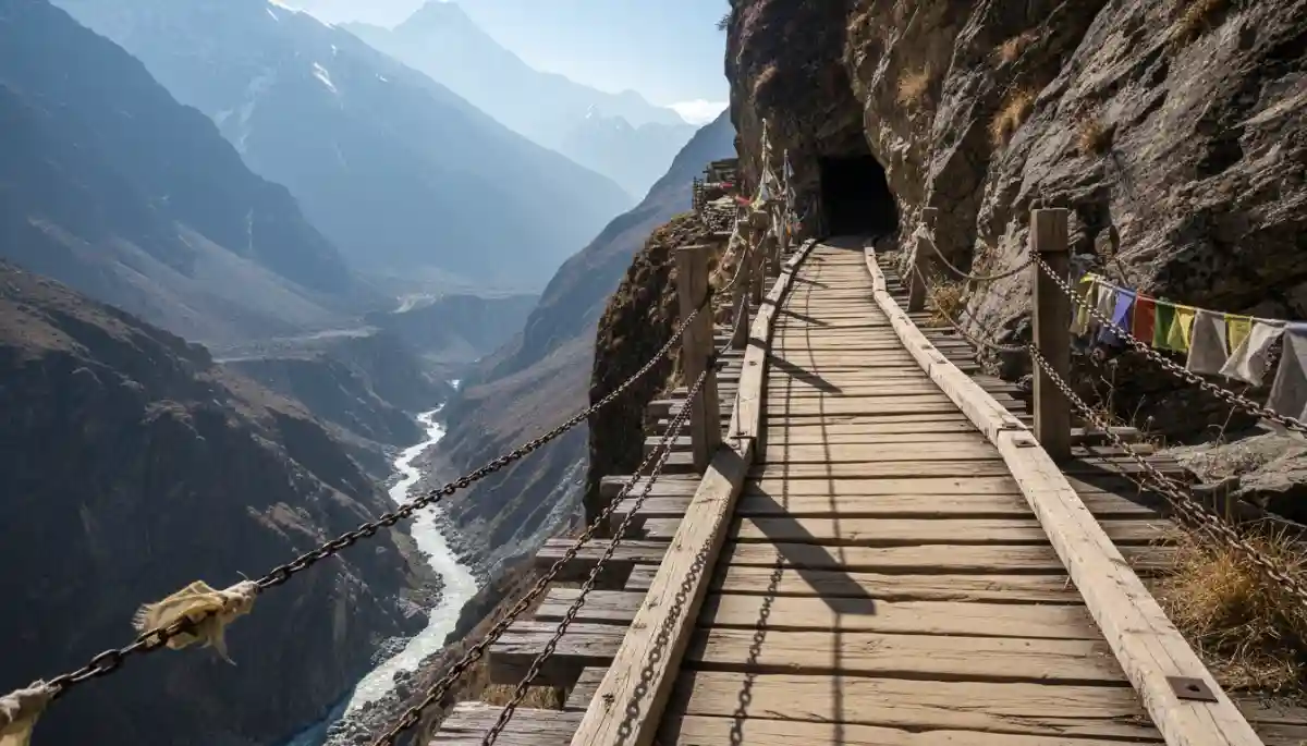 Gartang Gali wooden bridge 150 years old Indo Tibet trade route
