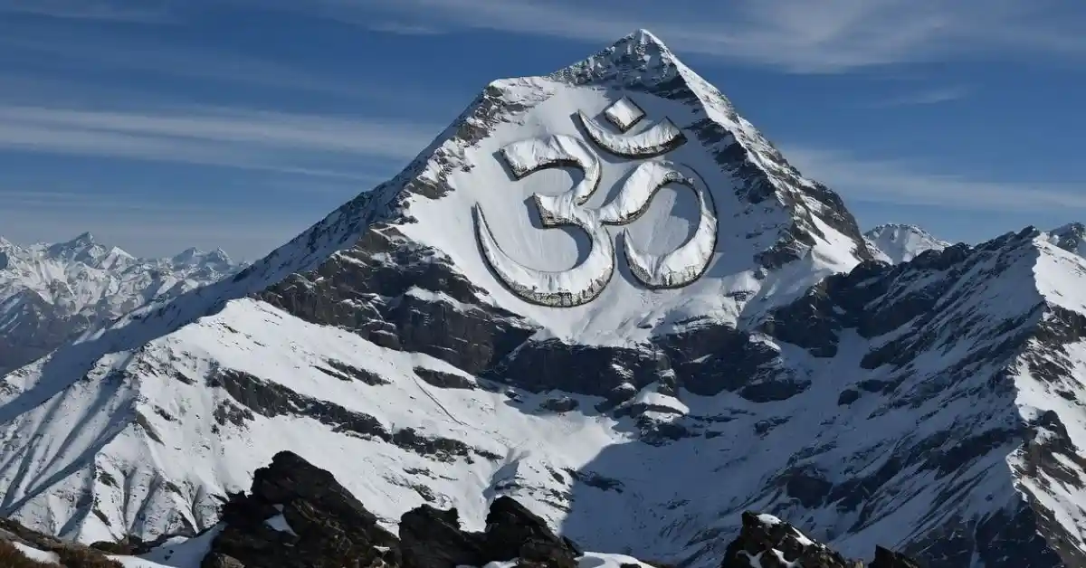 Om Parvat with naturally formed snow Om symbol seen from Nabidhang