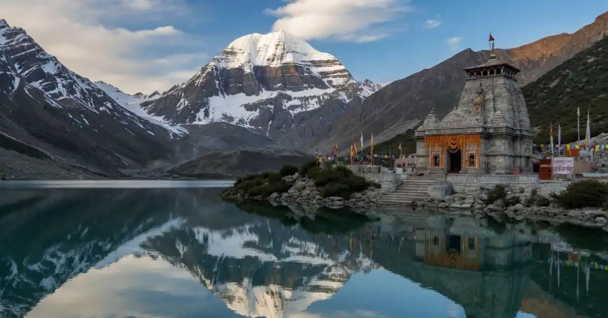 Parvati Sarovar lake with Adi Kailash reflection and Shiv Parvati temple